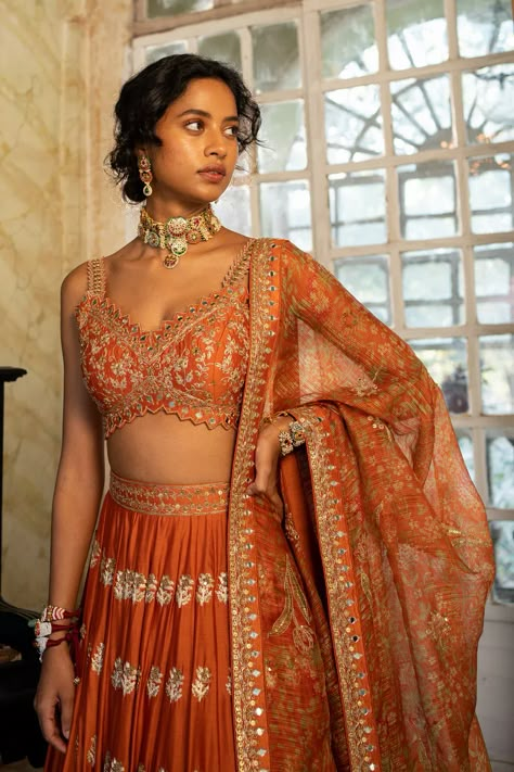 Rust Color Lehenga, Rust Indian Outfit, Rust Lengha, Rust Orange Saree, Burnt Orange Saree, Rust Orange Lehenga, Rust Anarkali, Burnt Orange Lehenga, Orange Indian Outfit