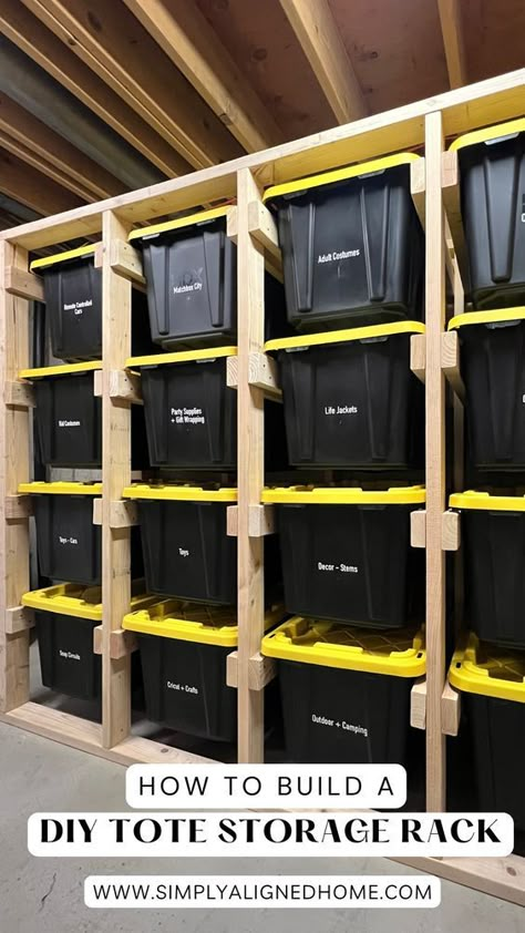 Diy Racks And Shelves, Garage Storage Container Ideas, Garage Storage Tub Organization, Garage Layout Organization, Storage Organization Ideas Garage, Garage Storage Bin Rack, Garage Storage And Organization Ideas, Diy Storage Bins Wood, Diy Shed Organization