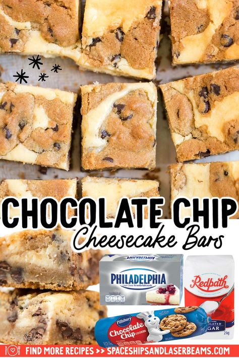 These decadent chocolate chip cheesecake bars are so easy to throw together and require only five ingredients. A chocolate chip cookie dough base is topped with creamy cheesecake filling and finished off with even more chocolate chip dough for a treat that will not disappoint. Pillsbury Chocolate Chip Cookie Dough, Chocolate Chip Dough, Pillsbury Chocolate Chip Cookies, Chocolate Chip Cookie Dough Recipe, Chocolate Chip Cookie Dough Cheesecake, Cream Cheese Chocolate Chip Cookies, Cookie Dough Desserts, Cheesecake Bars Easy, Chocolate Chip Cheesecake Bars