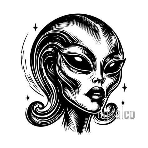 Discover the enigmatic beauty of a Female Alien Face Tattoo Vector. Embrace the allure of the unknown. Perfect for personal and commercial use. Download now! #AlienArt #VectorTattoo #DigitalArt #MysteryArt Alien Lady Tattoo, Alien Tattoo Stencil, Alien Face Tattoo, Alien Face Drawing, Female Alien Art, Female Alien, Alien Vector, Vector Tattoo, Pin Up Girl Tattoo