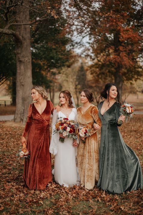 Wedding - SamieLee Photography Fall Bridal Party Dresses, Fall Wedding Velvet Bridesmaid Dresses, Fall Velvet Bridesmaid Dresses, Fall Wedding Dress Sleeves Autumn, Velvet Fall Bridesmaid Dresses, Floral Bridesmaid Dresses Fall, Mismatched Bridesmaid Dresses Fall Autumn Color Palettes, Woodland Bridesmaid Dresses, Mixed Bridesmaid Dresses Fall