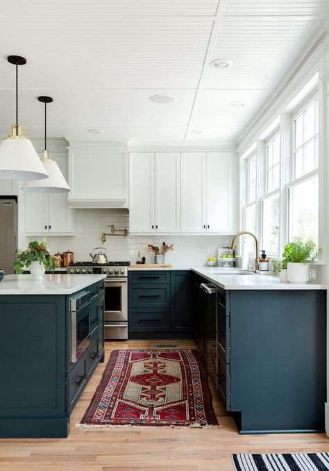 White And Blue Kitchen, Complete House Renovation, Kitchen Set Up, Charleston Homes, Blue Cabinets, Dark Kitchen Cabinets, Blue Kitchen, Kitchen Reno, Full House