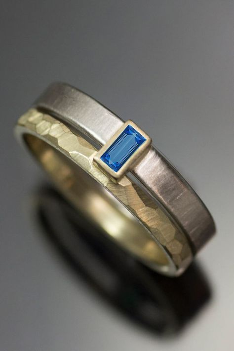 Blue sapphire baguette gender neutral engagement ring wedding band set by LOLiDE Gold Engagement Ring Silver Wedding Band, Unisex Wedding Rings, Unique Mens Engagement Rings, Masc Lesbian Engagement Rings, Masc Ring, Masc Engagement Ring, Male Engagement Ring Men, Gender Neutral Engagement Rings, Men’s Engagement Ring