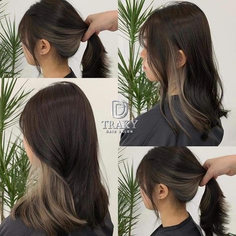 Ash Brown Underdye Hair, Black With Brown Hair Underneath, Peekaboo Hair Color For Asian, Half Dark Brown Half Light Brown Hair Underneath, Under Dyed Hair Brown, Hair Ideas For Asian Hair, Hair Dye Ideas For Black Hair Asian, Brown Underlights Hair, Light Brown Under Dye