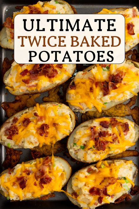 Easy recipe for cheesy, bacon-loaded twice-baked potatoes. Perfect comfort food for weeknights or parties! #twicbakedpotatoes #potatorecipes #easydinner #comfortfood Stuffed Potatoes Twice Baked, Potatoes Dishes, Easy Twice Baked Potatoes, Twice Baked Potatoes Recipe, Best Twice Baked Potatoes, Potato Appetizers, Stuffed Baked Potatoes, Frugal Recipes, Easy Potato Recipes