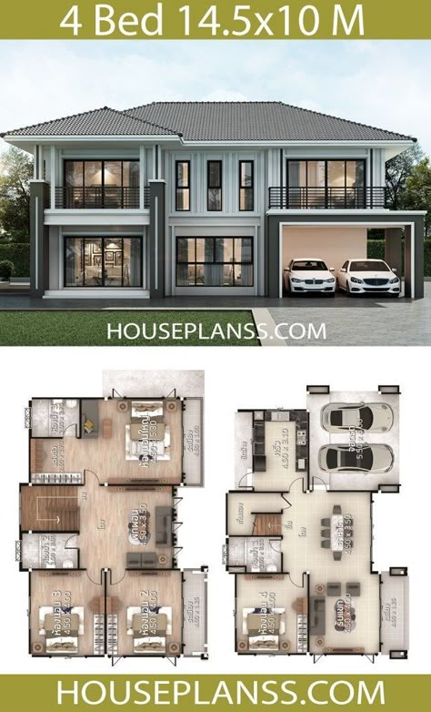 House Plans Design Idea 13.5x9.5 With 4 Bedrooms - House 4 Bedroom House Designs, Modern House Floor Plans, 2 Storey House Design, 4 Bedroom House Plans, Two Story House, Modern Style House Plans, House Plan Gallery, House Construction Plan, Model House Plan