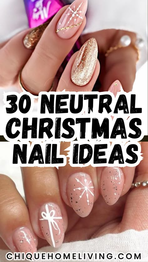 Want a chic and timeless look this holiday season? These 30 best neutral Christmas nail ideas are perfect for adding a touch of sophistication to your festive style! From soft beige and creamy ivory to elegant taupe and subtle shimmer, these neutral nail designs bring a classy twist to your holiday nails. Think frosty white snowflakes, delicate gold accents, and subtle glitter tips that add just the right amount of holiday sparkle without being over the top. Christmas New Years Nail Designs, Neutral Nails Holiday, Holiday 2024 Nail Trends, Holiday Nails Winter Christmas Classy, Christmas Into New Years Nails, Christmas To New Years Nails, Pretty Holiday Nails, Neutral Xmas Nails, Nails Xmas Design