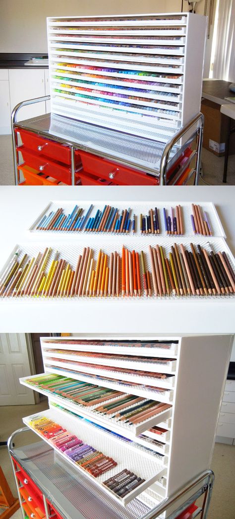 Art Rack Storage, Diy Pencil Storage, Art Pen Storage, Horizontal Marker Storage, Color Pencil Storage Ideas, Diy Art Organizer, Colored Pencil Organizer, Pen Storage Ideas Organizers, Organizing Sketchbooks