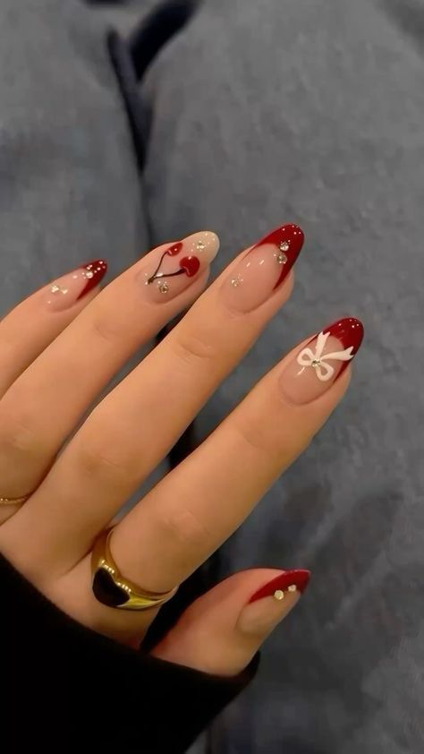 Cute Red Nails For Homecoming, Almond Nail Red Design, Red Floral French Tip Nails, Red Nail Art Designs Aesthetic, Aura Nails With Cherries, Red And White Cherry Nails, Cherry Almond Nails Designs, Cherry Design Acrylic Nails, Red And White Nail Inspo Acrylic