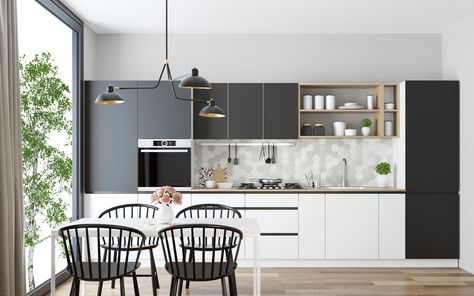 Maximize your kitchen storage and efficiency with these small-kitchen design ideas and space-saving design hacks One Wall Kitchen Layout, Dapur Skandinavia, Hiasan Dalaman Dapur, Dapur Moden, Modern Konyhatervezés, Single Wall Kitchen, Cabinet Layout, Best Kitchen Layout, Organiser Cucina