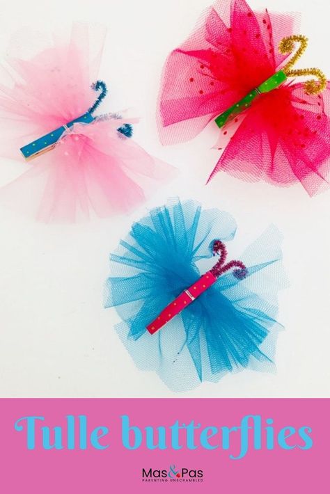 Easy Butterfly Craft, Tulle Projects, Tulle Butterfly, Spring Toddler Crafts, Springtime Crafts, Tulle Crafts, Easy Butterfly, Butterfly Craft, Butterfly Kids