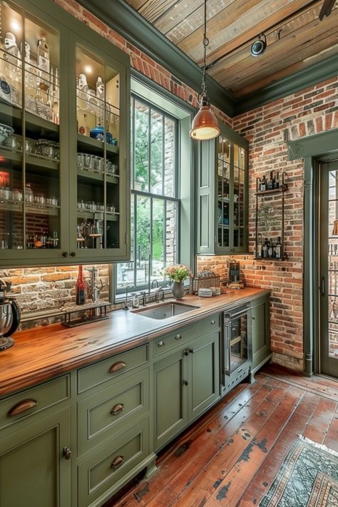 Brick Kitchen White Cabinets, Green Color Cabinets, Farm Interior Design Ideas, Hunters Green Kitchen, Green Stained Wood Cabinets, Cozy Green Kitchen Aesthetic, Sage Green Butcher Block Kitchen, Brick And Green Kitchen, Rustic Kitchen With Green Cabinets