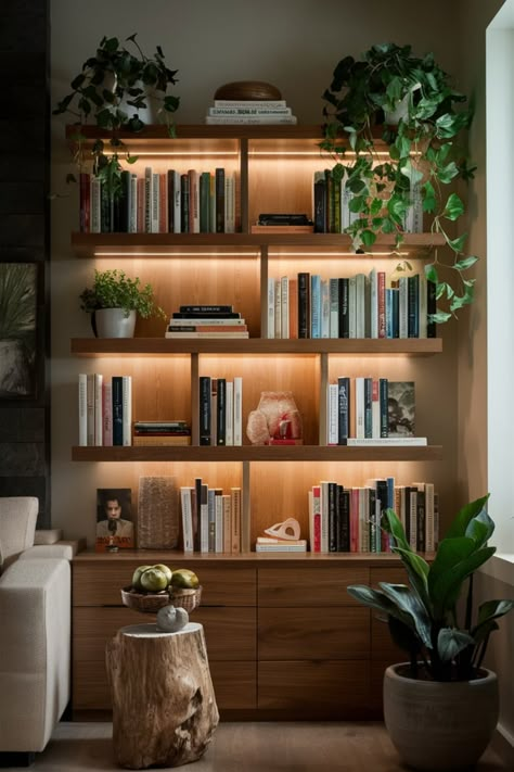 Elevate your home library by placing books on lighted wooden shelves. Add potted plants and natural décor to create a serene and stylish reading nook. #BookshelfGoals #IlluminatedShelves #HomeLibraryInspo #WoodenShelves #NatureInspiredDecor #BookLoversHaven #GreeneryAndBooks #StylishStorage #HomeDesignIdeas #CozyReadingSpace Stained Floating Shelves Living Room, Full Wall Shelf Ideas, Home Office Bookcase Decor, Beautiful Bookshelf Design, Bookshelves Styling With Books, Simple Wooden Bookshelf, Plant On Bookshelf, Bookshelf Bedroom Wall, Wall Book Display