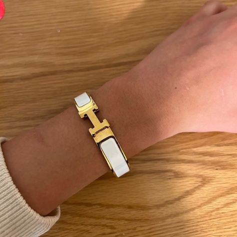 White Hermes Clic Bracelet Hermes Clic H Bracelet White, Hermes Click H, Hermes White Bracelet, Hermes Click Clack Bracelet, Hermes Bracelet White, Bracelet Hermes, Stacked Bracelets, Dream Bracelet, Hermes Bracelet