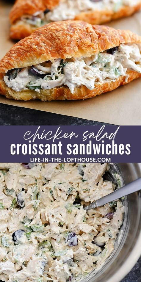 Chicken Salad Sandwich Savory Chicken Salad, Salad Filling, Croissant Rolls, Croissant Sandwiches, Chicken Salad Croissant, Flaky Croissants, Salad Sandwich Recipe, Chicken Salad Sandwich Recipe, Summer Sandwiches