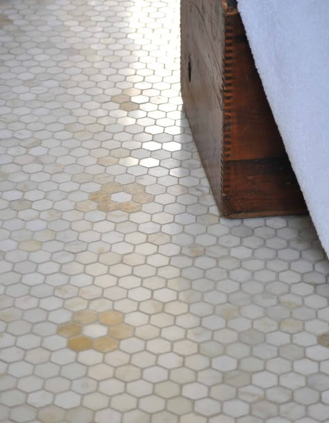 Flower Hex Studio Line – Cloud Nine – New Ravenna Half Glass Wall, Hex Tiles Bathroom, Ranch House Interior Design, Ranch House Interior, Hex Tile Floor, Vanity Redo, Floor Tub, Tom Brown, New Ravenna