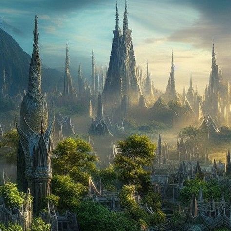 Dnd Elven City, High Elf City Fantasy Art, Elven City Concept Art, Elf City Fantasy Art, Forest Castle Fantasy Art, Fantasy Elven City, Elven Landscape, Elven Kingdom, Elf City