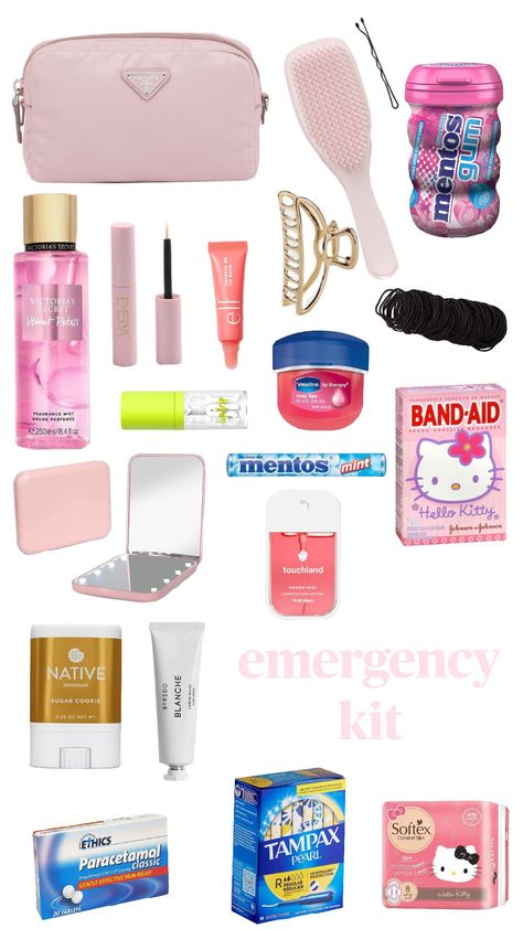 emergency kit #cleangirl #essentials #emergencykit #basic #organisedk Female Emergency Kit, 5th Grade Emergency Kit, What To Put In Your Emergency Kit, Bag Necessities, Preppy Basics, Road Trip Bag, School Emergency Kit, School Backpack Essentials, Preppy School Supplies