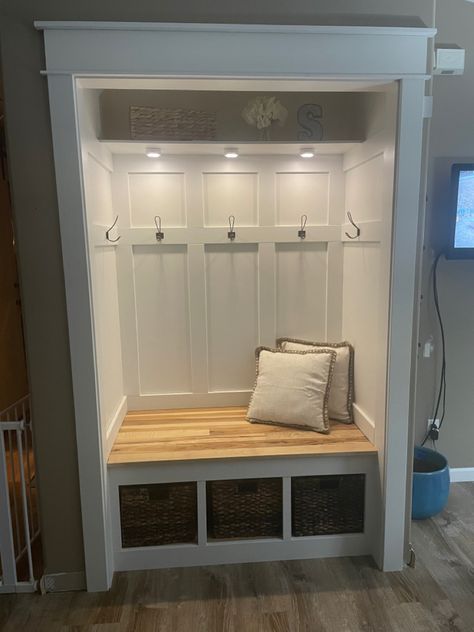 Closet Entryway Bench, Closet Front Door Ideas, Closet Front Door, Turn Hallway Closet Into Mudroom, Closet Turned To Bench, Coat Closet With Hooks And Shoe Storage, Open Closet In Entryway, Entryway Bench In Closet, Front Foyer Closet Ideas