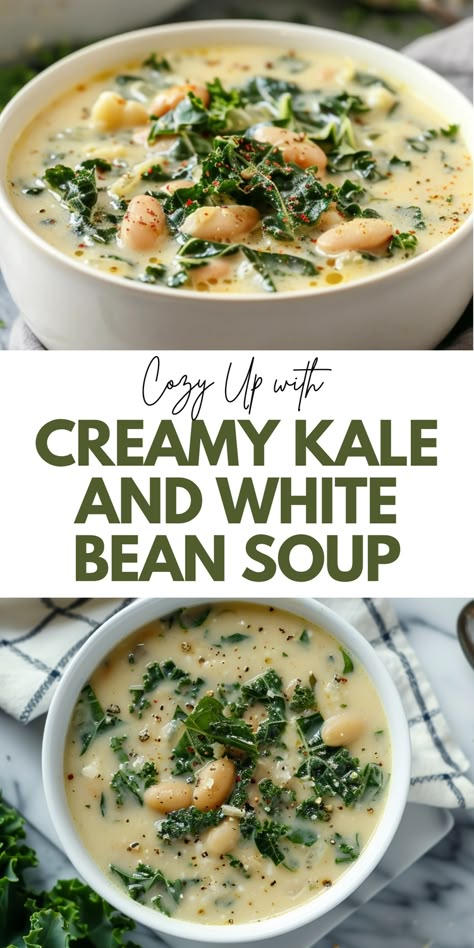 Make the perfect creamy kale and white bean soup with this easy recipe. Ideal for your soup recipes collection, this dish is healthy, comforting, and full of flavor. Save this pin and click for the complete recipe and detailed instructions. Enjoy a delicious and warm bowl of soup that's perfect for any occasion. Creamy White Bean Soup With Kale, Things To Make With Kale, Vegan Bisque Soup Recipes, White Bean Kale Soup Crockpot, Easy Kale Soup, Kale In Soup, Quick White Bean Soup, White Bean Crockpot Soup, Delicious Kale Recipes