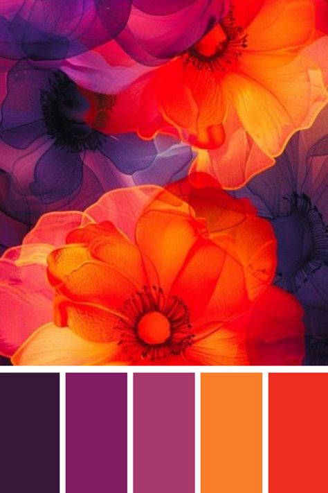 A rich orange and purple color palette defines this floral arrangement, where translucent orange petals blend seamlessly with deep purples, evoking a mesmerizing and bold visual impact. Complementary Colors To Orange, Oil Spill Color Palette, Colors That Go Good With Purple, Red Orange Purple Wedding, Purple And Orange Mood Board, Rich Purple Color Palette, Red Jewel Tone Color Palette, Orange Yellow Purple Color Palette, Orange Pink Purple Color Palette