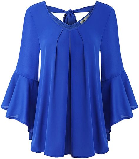 JCZHWQU Women's Cute V Neck 3/4 Bell Sleeve Pleated Front Chiffon Blouse at Amazon Women’s Clothing store Pleated Chiffon Blouse, Blouse Simple, Spring Blouse, Beautiful Tops, Chiffon Tops Blouses, Chiffon Tunic, Bell Sleeve Shirt, Spring Blouses, Simple Blouse