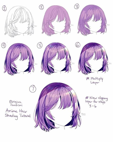 Bahasa Jepun, How To Draw Anime, الفن الرقمي, Drawing Hair Tutorial, Anime Tutorial, How To Shade, Hair Anime, Digital Art Beginner, Draw Anime