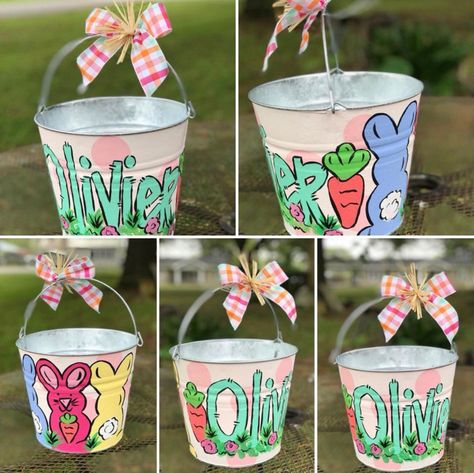 Painted Easter Bucket, Painted Easter Baskets, Painted Buckets, Easter Gifts For Adults, Pink Easter Basket, Easter Pail, Personalized Easter Bucket, Easter Gift For Adults, Bucket Gifts