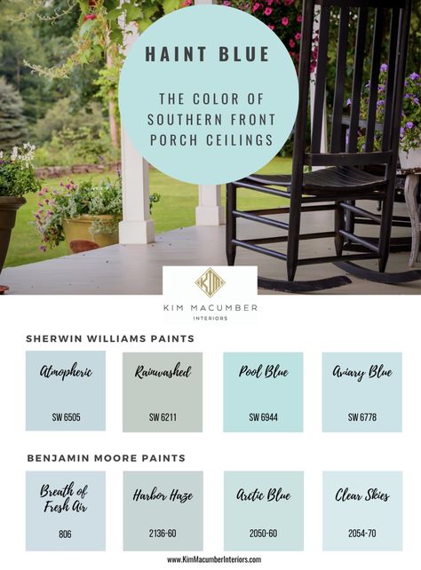 Haint Blue Ceiling Porch, Haint Blue Benjamin Moore, Southern Blue Porch Ceiling, Blue Front Porch Ceiling, Haunt Blue Paint, Haint Blue Porch Ceiling Southern Style, Best Haint Blue Porch Ceiling, Porch Ceiling Blue Paint Colors, Front Porch Ceiling Ideas Paint Colors