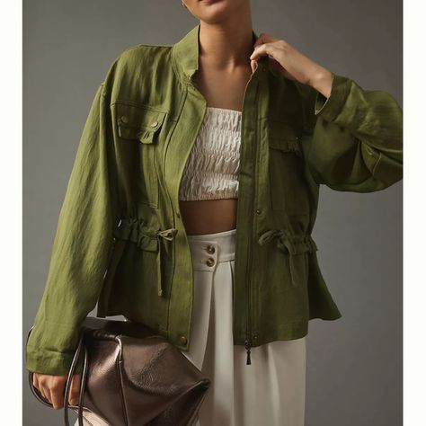  BY ANTHROPOLOGIE Moss Green Oversized Utility Jacket Size Large Pink Utility Jacket, Green Cargo Jacket, Chambray Jacket, Drape Jacket, Green Utility Jacket, Yellow Raincoat, Chambray Fabric, Army Green Jacket, Anthropologie Jacket