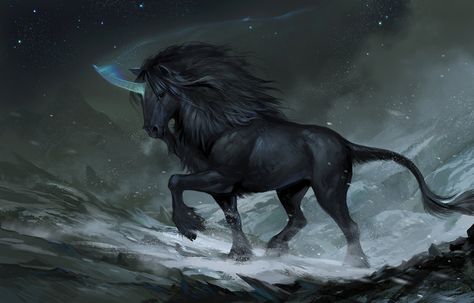 Black Mountain Unicorn 2 by sandara.deviantart.com on @DeviantArt Magical Horses, Black Unicorn, Unicorn Pictures, Fantasy Horses, Last Unicorn, Mythical Animal, Fantasy Creature, Fantasy Animals, Fantasy Beasts