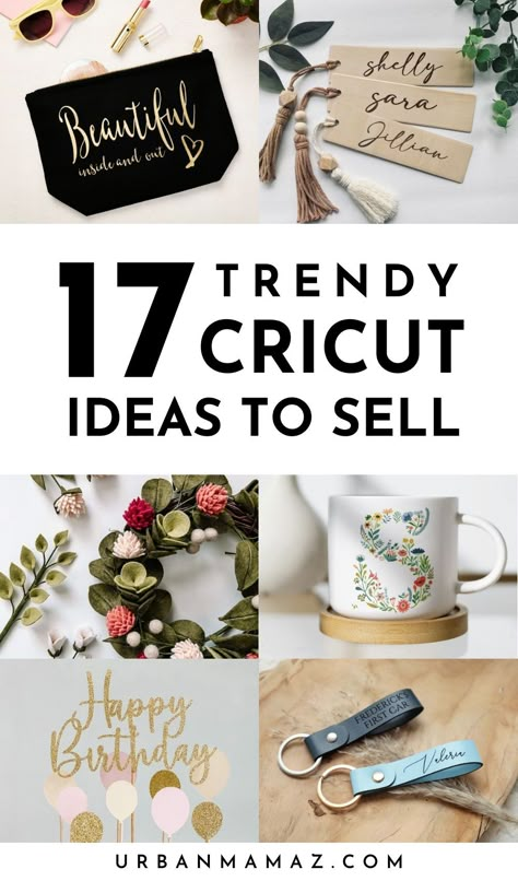 Looking for trendy Cricut ideas to sell? Check out this ultimate list of 17 unique Cricut projects to sell and make money from home! What To Sell With Cricut, How To Sell Crafts Online, Items To Make And Sell With Cricut, Cricut Best Sellers, Crafts To Make With Cricut To Sell, Crafts To Make With A Cricut, Best Cricut Projects Diy Gifts, What To Do With A Cricut Machine, Cricut Ideas For Home