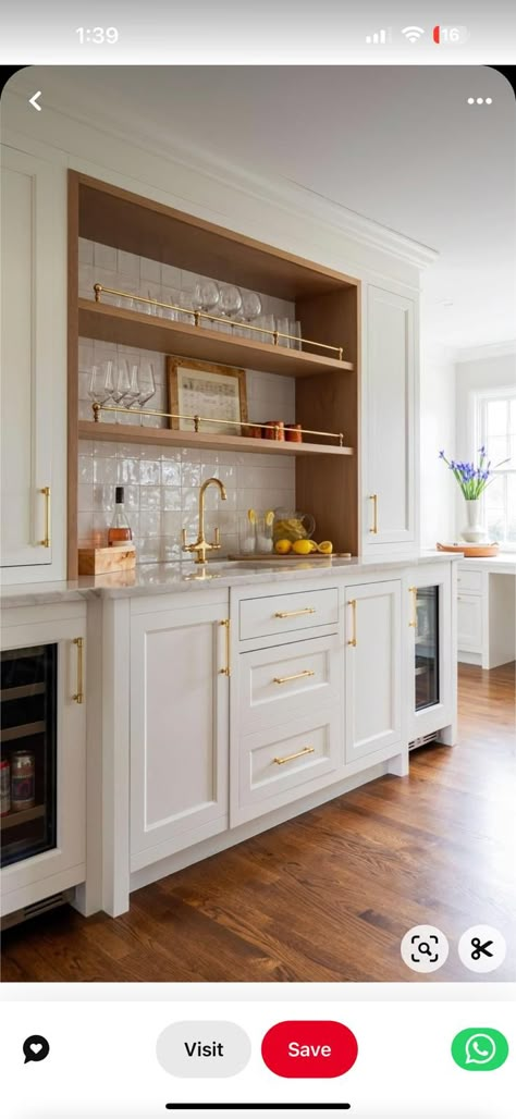 Built In Bar White Cabinets, Kitchen With Diagonal Wall, Bar Areas In Kitchen, Bar Area With Window, Wet Bar Next To Kitchen, Wet Bar Shelving Ideas, Coffee Bar Area In Kitchen, Breakfast Nook Coffee Bar, Bar Built In Cabinets