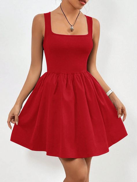 SHEIN EZwear Women Solid Color Simple Square Neck Spaghetti Strap Pleated DressI discovered amazing products on SHEIN.com, come check them out! Simple Red Dress Casual, Red Dance Dress, Simple Sleeveless Dress, Simple Red Dress, Red Dance, Red Dress Casual, Witchy Style, Cute Red Dresses, Cute Formal Dresses