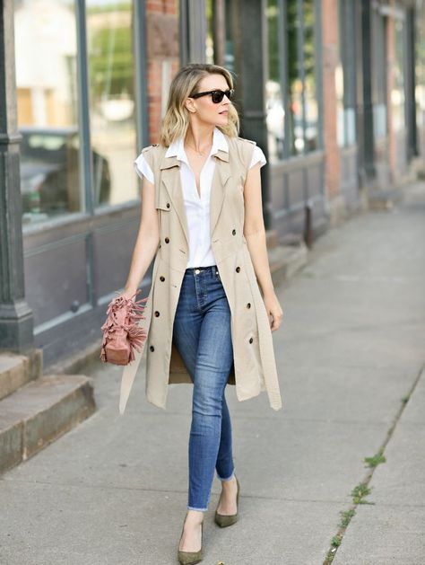 Long Vest Outfit, Sleeveless Trench Coat, Penny Pincher Fashion, Vest Outfits For Women, Trench Vest, Sleeveless Trench, 3 Ways To Wear, Penny Pincher, Sleeveless Blazer