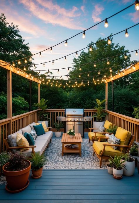 25 Deck Decorating Ideas That Will Make Your Outdoor Gatherings Unforgettable Small Decking Ideas, Outdoor Deck Decorating, Deck Restoration, Hanging String Lights, Back Deck Decorating, Outdoor Deck Furniture, Comfy Seating, Colorful Throw Pillows, Deck Decorating Ideas