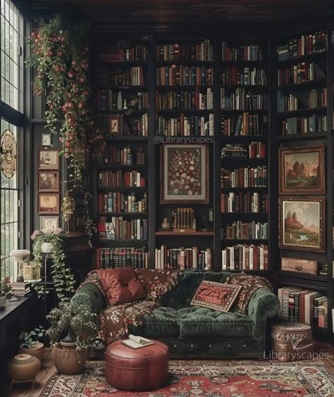 Dark Academia Small Apartment, Home Library Dark Academia, Dark Academia Reading Nook, Room Decor Dark Green, Boho Living Room Dark, Living Room Dark Academia, Living Room Inspiration Dark, Dark Library Aesthetic, Room Inspiration Dark