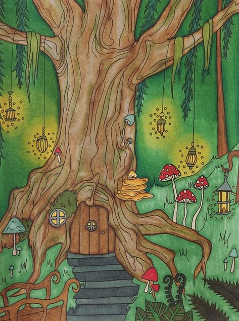 Forest Drawing Easy, Fairy House Drawing, Fairytale Drawings, Fairy Garden Drawing, Tree House Drawing, Fairy Garden Art, Fairy Tree Houses, Forest Drawing, Storybook Art