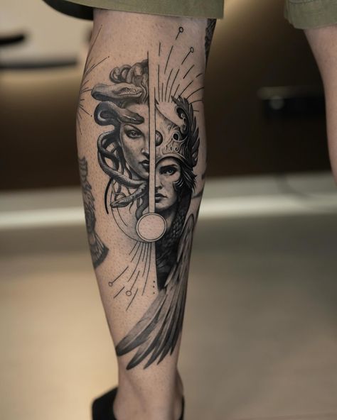 Medusa and Athena: ancient gods come alive in our art #praguetattoo #concepttattoo #realistictattoo #tattooist #medusatattoo #blacktattoo Greek Tattoos Leg Sleeve, Zeus And Athena Tattoo, Medusa Band Tattoo, Athena Sleeve Tattoo, Medusa Athena Tattoo, Greek Goddess Athena Tattoo, Greek Goddess Sleeve Tattoo, Greek Mythology Tattoos Women, Athena Medusa Tattoo