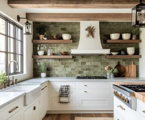 11+ Calming Backsplash Ideas for White Cabinets with Green Hues • 333+ Inspiring Lifestyle Ideas Kitchen Tile And Cabinet Ideas, Kitchen Backsplash Open Shelving, Kitchen Backsplash Green Tile, White Kitchen Green Backsplash Ideas, Green Splash Back Kitchen White Cabinets, White Cabinet Backsplash Kitchen, Kitchen Backsplash For White Kitchen, White Cabinets With Green Backsplash, Kitchen Backsplash With Natural Cabinets