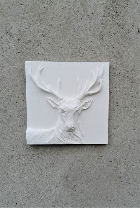 Plaster Relief Depicting a Deer, Deer Wall Sculpture, Wall Art Decoration. Bas Relief Tile, Plaster Paintings, White Facade, Tile Decoration, Plaster Relief, Drywall Art, Sculpture Wall Art, Deer Painting, Plaster Cast