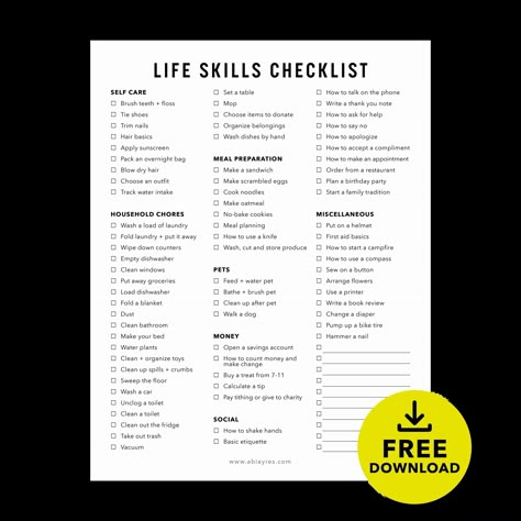 Discover the ultimate collection of chore and life skills checklists that will transform your child into a responsible, independent, and capable young person. From organizing their room to mastering essential life skills, this Pinterest board has everything you need to create a fun and efficient routine for your kids! Life Skills Schedule, Kids Life Skills, Essential Life Skills, Basic Life Skills, Life Skills For Women, Life Skills Activities For Adults, Daily Living Skills, List Of Life Skills, Life Skills For Adults