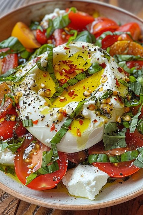 Burrata Caprese Salad is a delicious and nutritious choice for any mealtime! 🥗🍅 Made with creamy burrata, fresh tomatoes, and fragrant basil, this salad is a delightful blend of vibrant flavors and rich texture. Quick to prepare and bursting with garden-fresh goodness, Burrata Caprese Salad is perfect for a refreshing appetizer or special treat. Indulge in this vibrant twist on a classic favorite today! 😋🌿 #BurrataCapreseSalad #FreshFlavors #HealthyEating #GardenGoodness Heirloom Burrata Salad, Burrata Caprese, Tomato And Mozzarella, Italian Seafood Salad, Italian Brunch, Burrata Appetizer, Salad Caprese, Tomato Mozzarella Salad, Ensalada Caprese