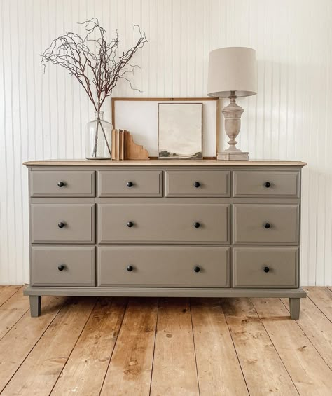 Beige Bedroom Dresser, Farmhouse Painted Dresser, Bedroom Dresser Colors, Greige Dresser Makeover, Nursery Dresser Color, Taupe Dresser Painted Furniture, Neutral Painted Dresser, Neutral Dresser Paint Colors, Grey Dresser Makeover