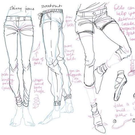 Skinny jeans vs. sweatpants - drawing the legs in clothing. Ako Kresliť, Draw Clothes, Drawing Help, Clothing Reference, Clothes Reference, Drawing Faces, 캐릭터 드로잉, Art Help, Drawing Refs