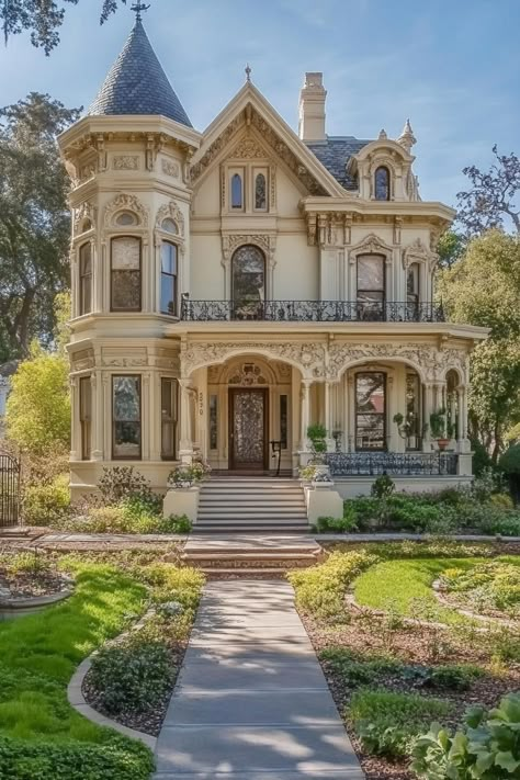 Victorian mansion symmetrical facade with turrets many arched windows creamy stucco front iron balcony. The secrets behind Victorian mansions’ charm and grandeur. Find out why these architectural design marvels have survived the test of time with more elegance than your great aunt’s teacup collection. Victorian Home Blueprints, Vintage House Mansion, Inside A Victorian Home, Old House Layout Floor Plans, Victorian Guest House, 3 Story Cottage House, Victorian New Build, Cool Victorian Homes, Corner House Floor Plan