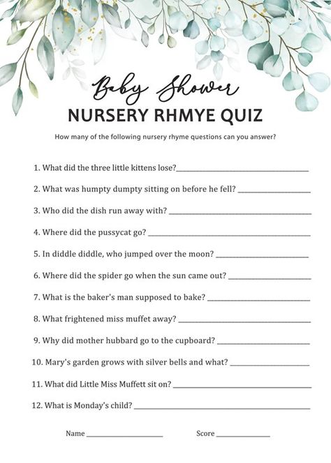 Nursery Rhyme Quiz | Eucalyptus Baby Shower Games Eucalyptus Nursery, Nursery Rhyme Baby Shower Game, Nursery Rhyme Game, Nursery Rhyme Quiz, Baby Shower Quiz, Eucalyptus Design, Nursery Rhymes Games, Baker Man, Game Printable