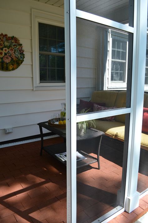 Exquisitely Unremarkable : Screened In Porch~ Our Bug Free Sanctuary Screened In Porch Using Screen Doors, Screened In Porch On A Budget, Screen Porch Sliding Doors, Screening In Porch Diy, Diy Screen Patio, How To Screen In An Existing Porch Diy, Making A Screened In Porch, Diy Porch Screening, Diy Sliding Screen Door Patio