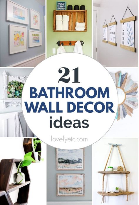 Wall art can make a huge difference in how pulled together your bathroom looks. But choosing wall art that looks appropriate in a bathroom can be tough. I'm sharing 21 bathroom wall decor ideas for all styles of bathrooms. Bathroom Wall Art Ideas, Kids Shared Bathroom, Bathroom Wall Decor Ideas, Pictures For Bathroom Walls, Small Bathroom Suites, Bathroom Art Printables, Rustic Bathroom Shelves, Bathroom Artwork, Wall Art Ideas