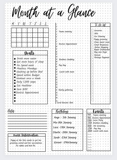 Month at a Glance, Monthly Planner, Monthly G 2025 Bullet Journal Year At A Glance, Bujo End Of Month Review, 25 Things To Do In 2025 Bullet Journal, Simple Monthly Bullet Journal Layout, Bullet Journal Ideas Templates Month, Calendar Page Bullet Journal, Bullet Journal End Of Month Review, Monthly Trackers For Bullet Journal, My Goals Bullet Journal